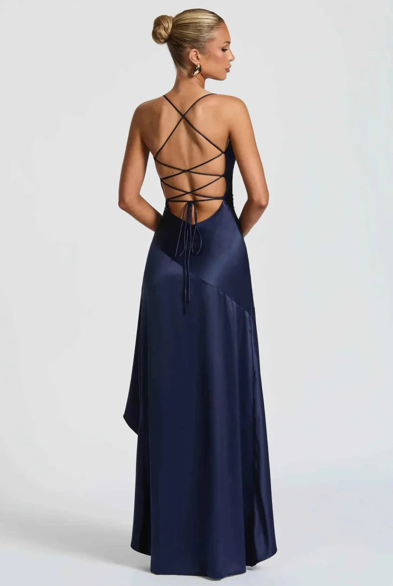 Women Satin Maxi Dress High Slit Draped Neckline Formal - Image 7