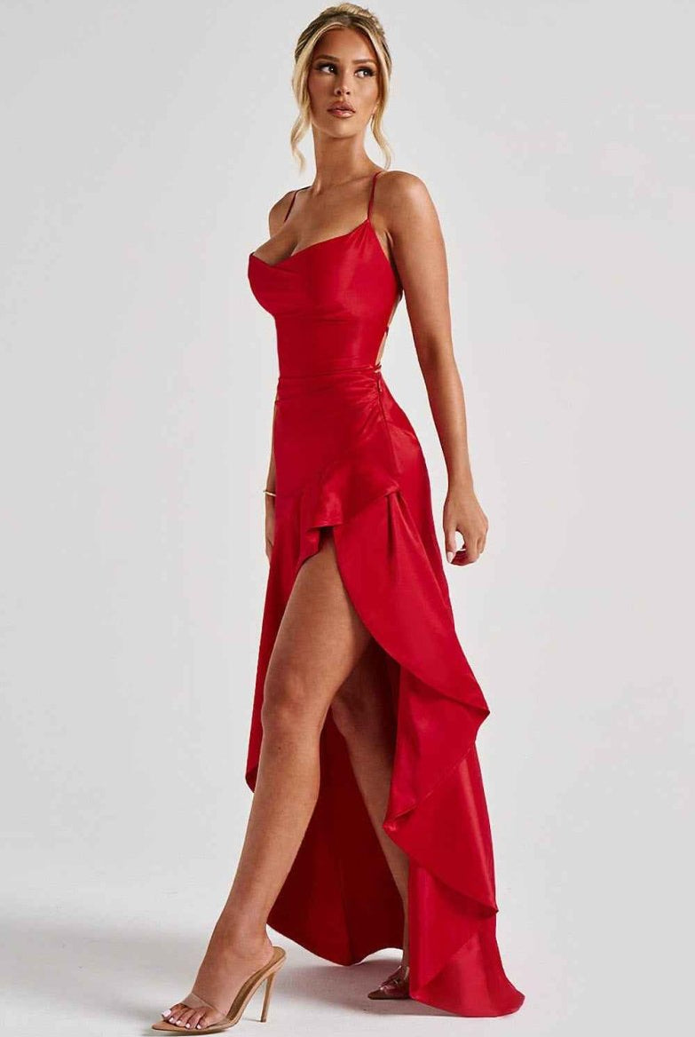 Women Satin Maxi Dress High Slit Draped Neckline Formal - Image 15