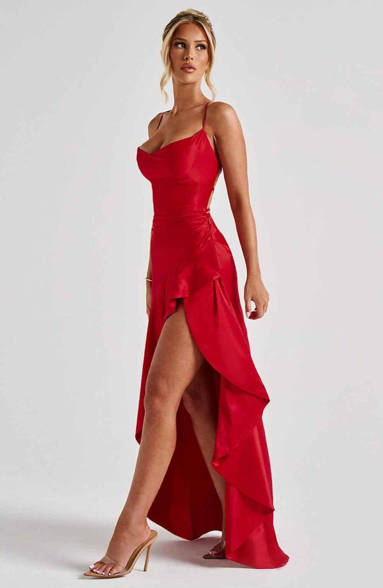 Women Satin Maxi Dress High Slit Draped Neckline Formal - Image 15