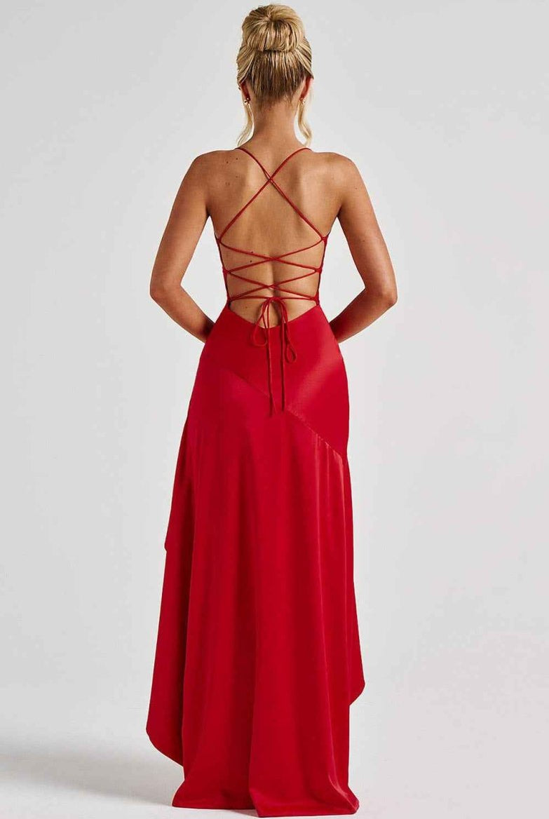 Women Satin Maxi Dress High Slit Draped Neckline Formal - Image 17