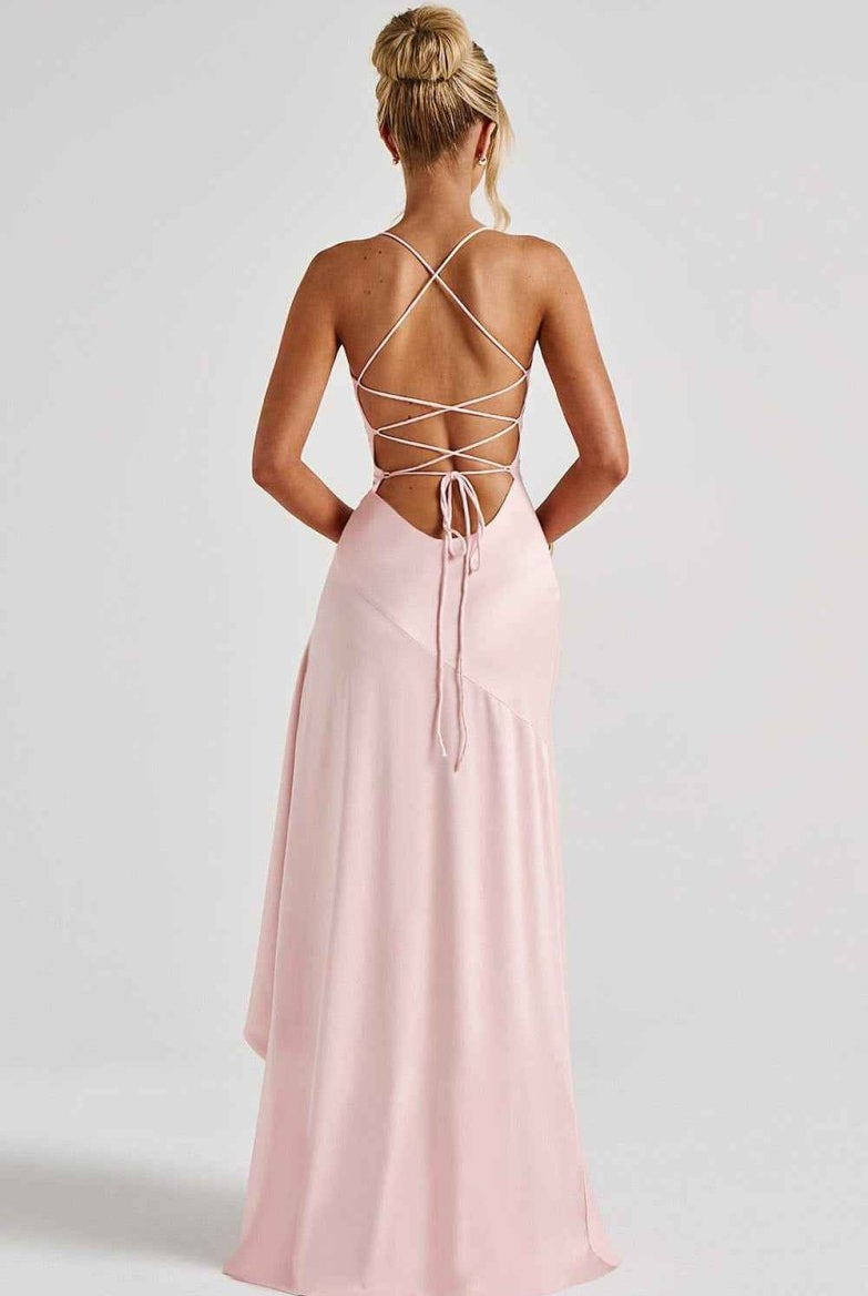 Women Satin Maxi Dress High Slit Draped Neckline Formal - Image 13