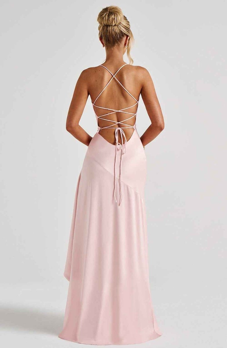Women Satin Maxi Dress High Slit Draped Neckline Formal - Image 13