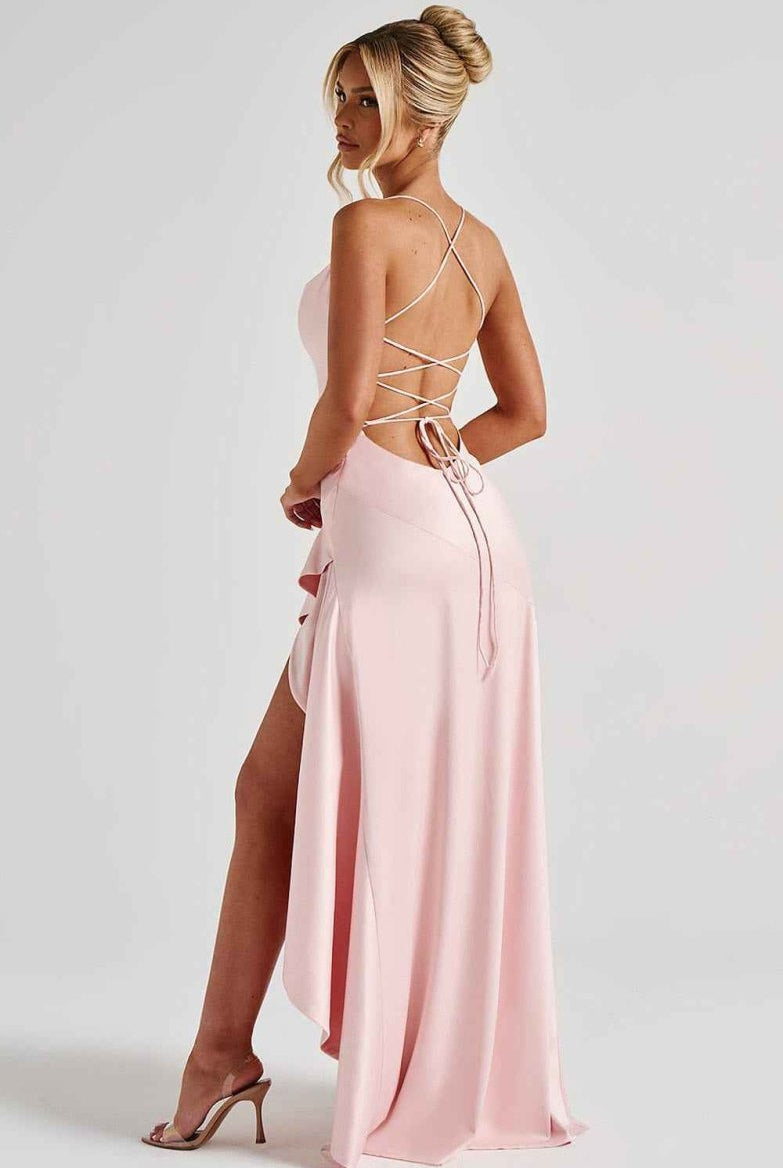 Women Satin Maxi Dress High Slit Draped Neckline Formal - Image 12