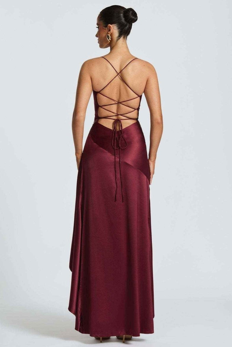 Women Satin Maxi Dress High Slit Draped Neckline Formal - Image 11