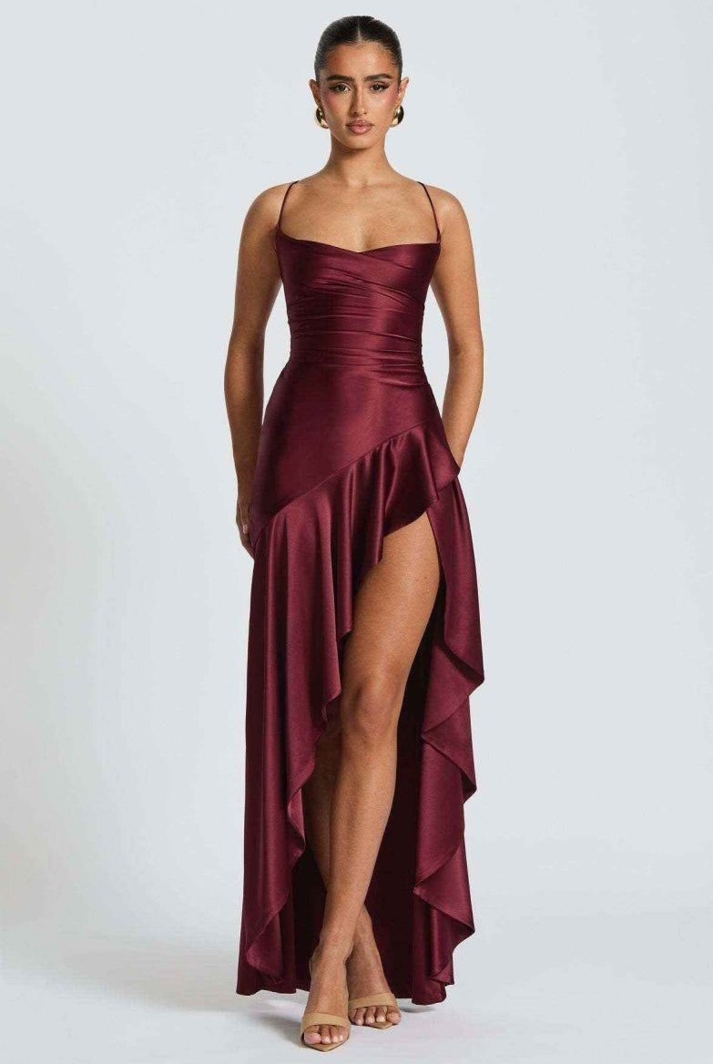Women Satin Maxi Dress High Slit Draped Neckline Formal - Image 10