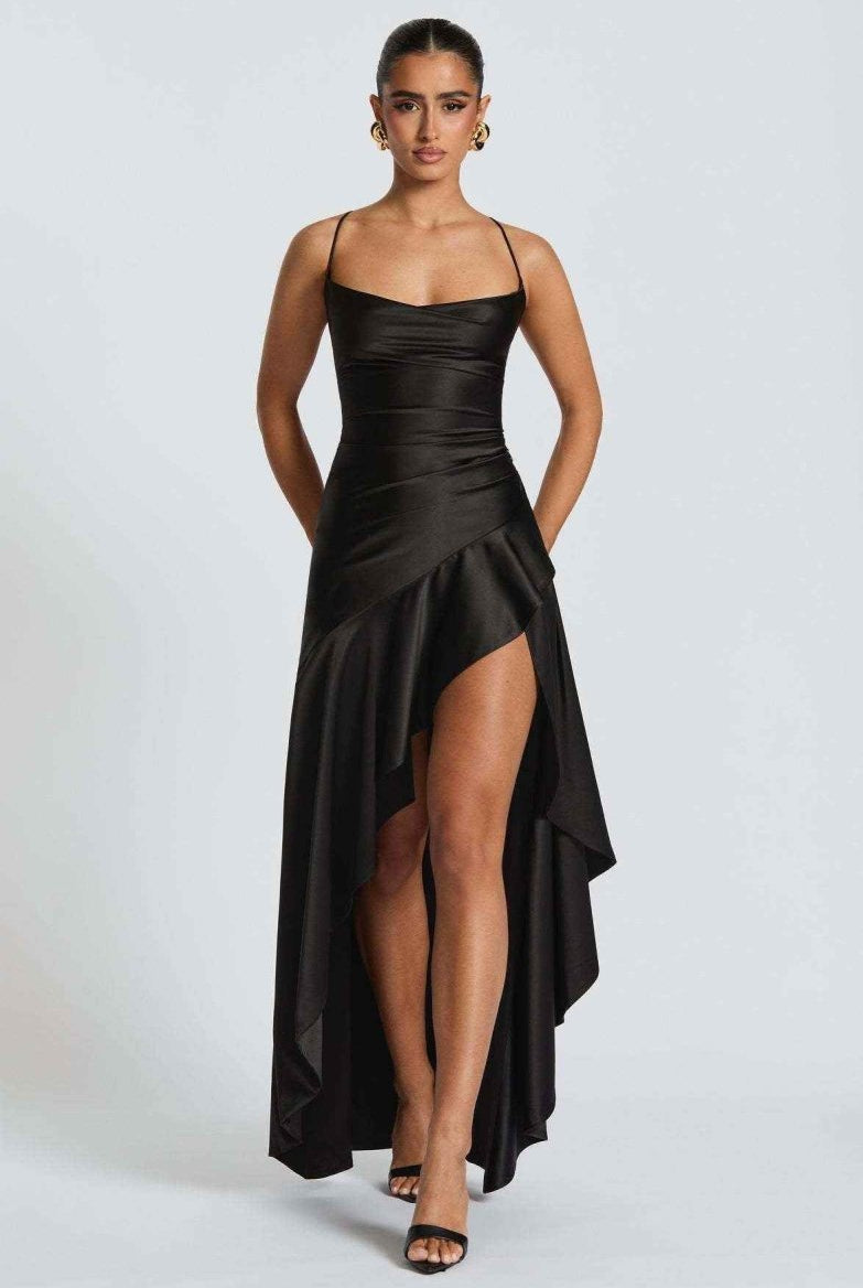Women Satin Maxi Dress High Slit Draped Neckline Formal - Image 2