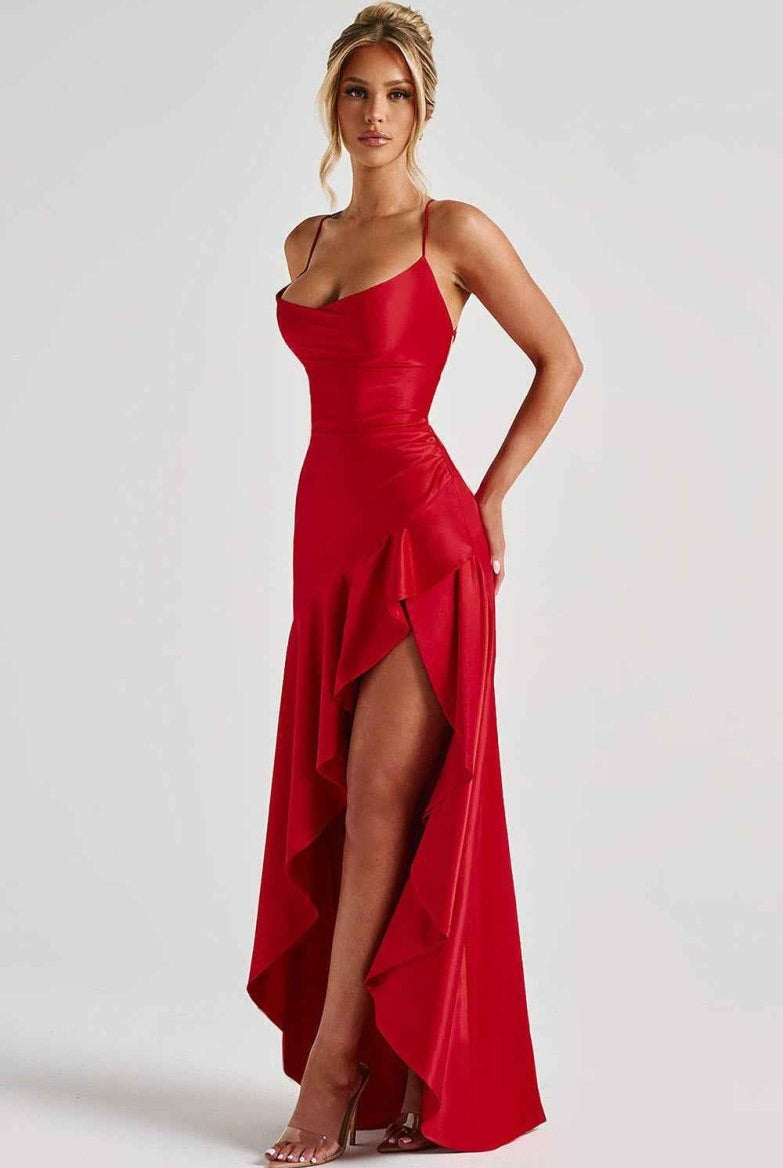 Women Satin Maxi Dress High Slit Draped Neckline Formal - Image 3