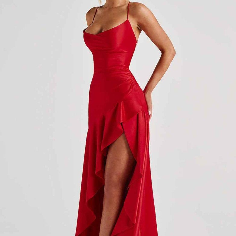 Women Satin Maxi Dress High Slit Draped Neckline Formal - Image 3