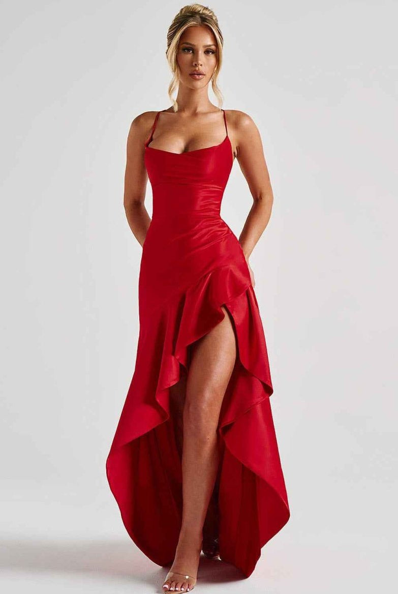 Women Satin Maxi Dress High Slit Draped Neckline Formal - Image 16