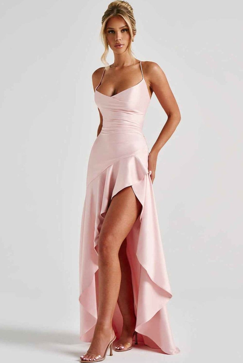 Women Satin Maxi Dress High Slit Draped Neckline Formal - Image 4