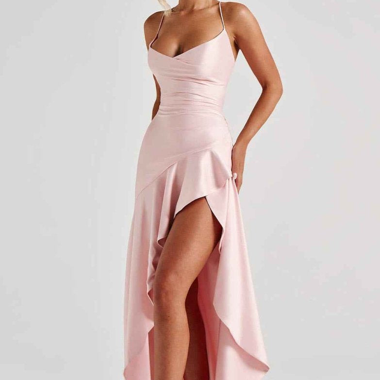 Women Satin Maxi Dress High Slit Draped Neckline Formal - Image 4