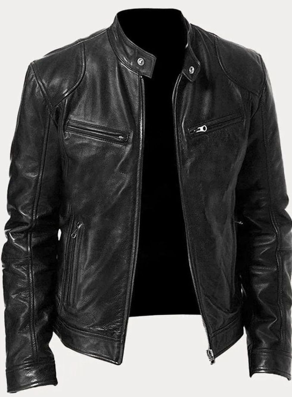 Men's Slim Fit Leather Moto Jacket Zip-Up Biker - Image 10