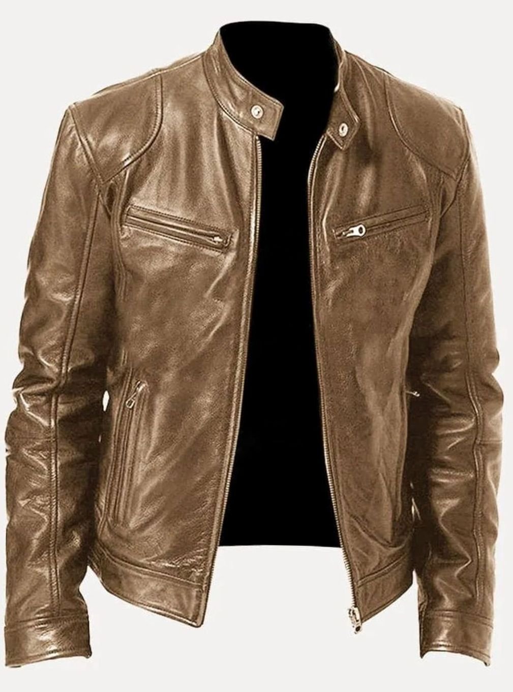 Men's Slim Fit Leather Moto Jacket Zip-Up Biker - Image 2