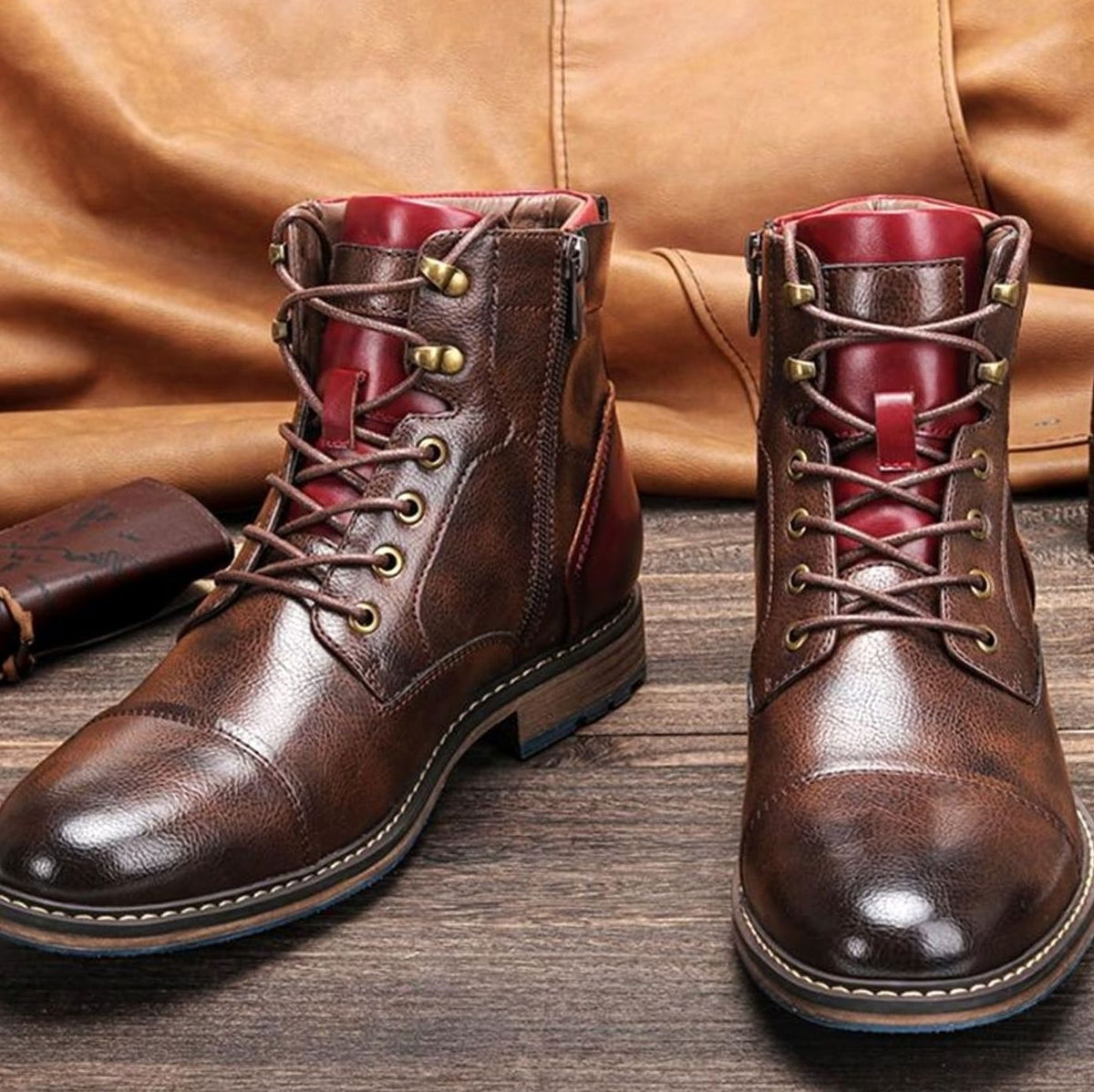 Men's Leather Cap-Toe Ankle Boots Zip Lace-Up