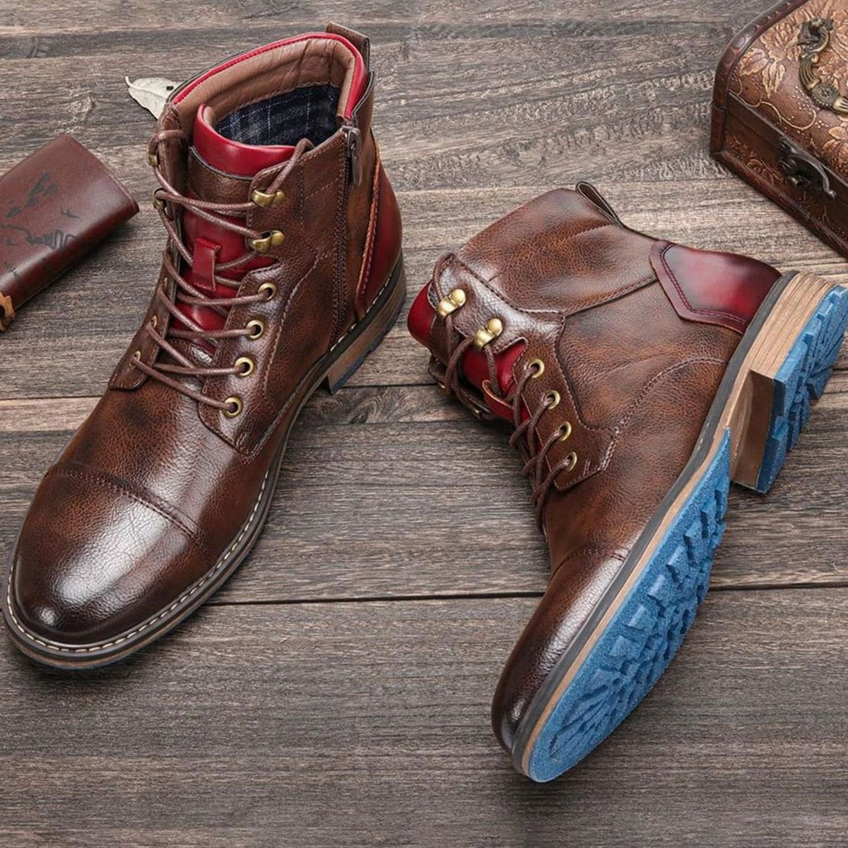 Men's Leather Cap-Toe Ankle Boots Zip Lace-Up - Image 3
