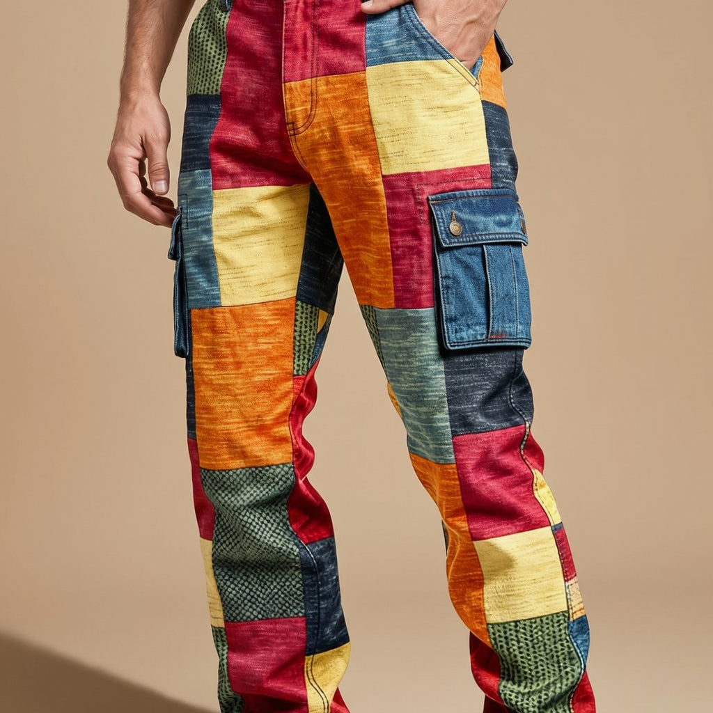 Men's Patchwork Colorblock Relaxed Fit Cargo Pants - Image 4