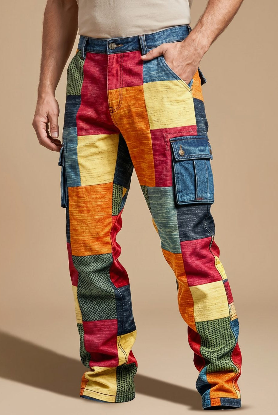 Men's Patchwork Colorblock Relaxed Fit Cargo Pants - Image 4
