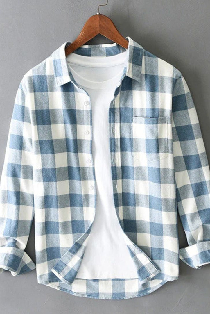Men's Long Sleeve Plaid Button Down Shirt Spread Collar
