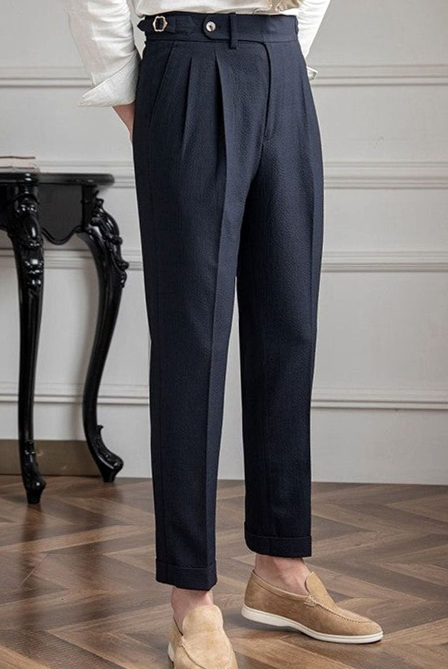 Men's High-Rise Pleated Trousers Cuffed Hem