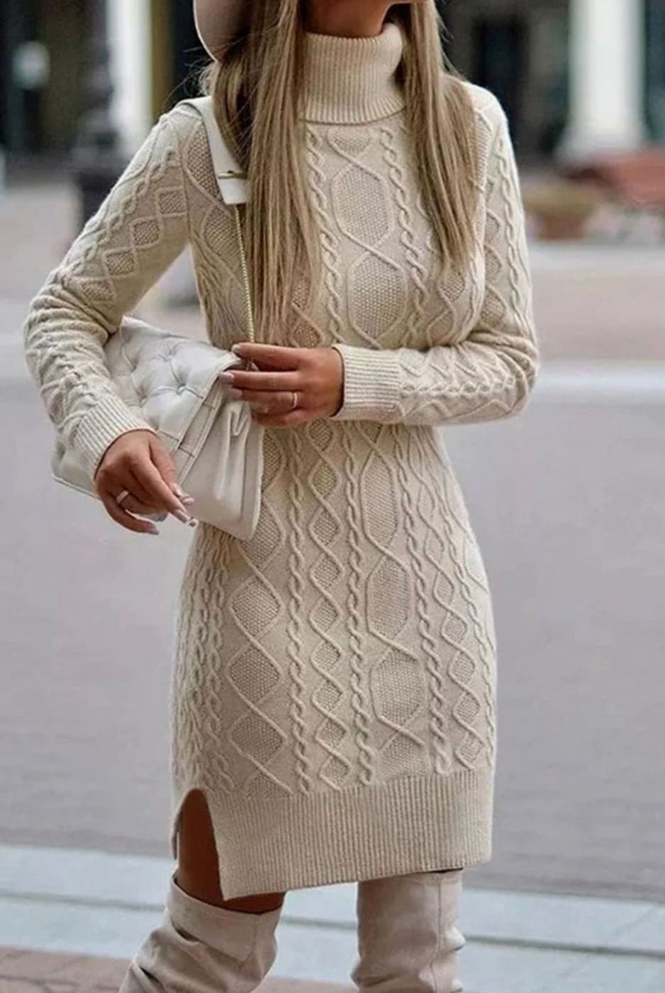 Women Cable Knit Turtleneck Midi Sweater Dress Long Sleeve Side Slit - Image 3