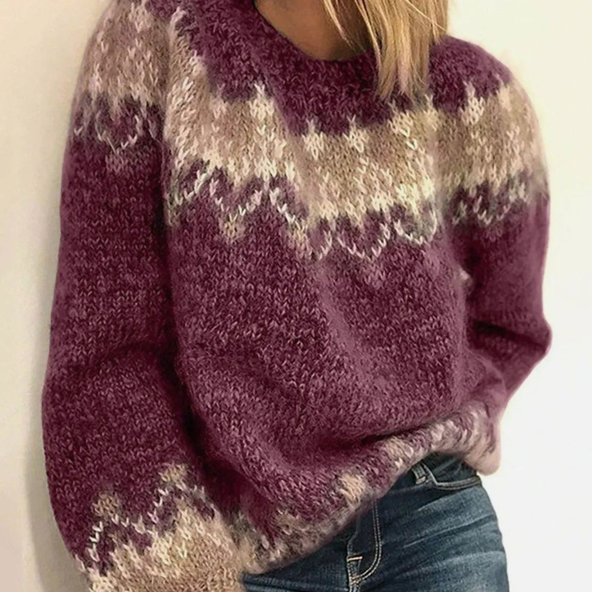 Women Color Block Knit Sweater Relaxed Fit Round Neck - Image 4