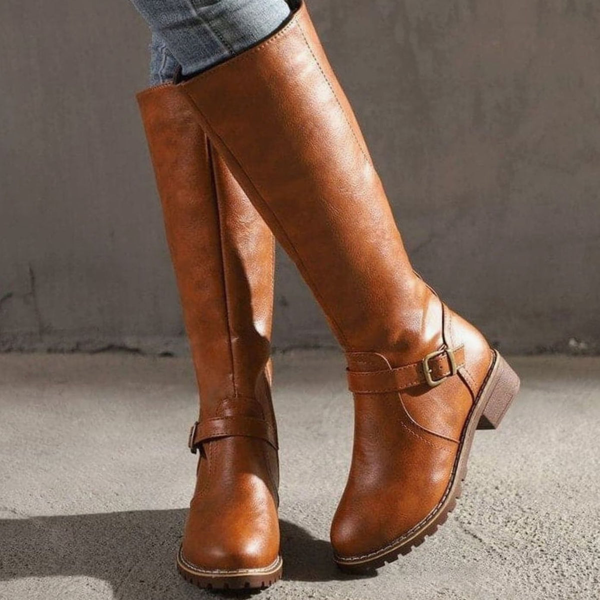 Women Faux Leather Block Heel Knee High Boots Side Zip Buckle