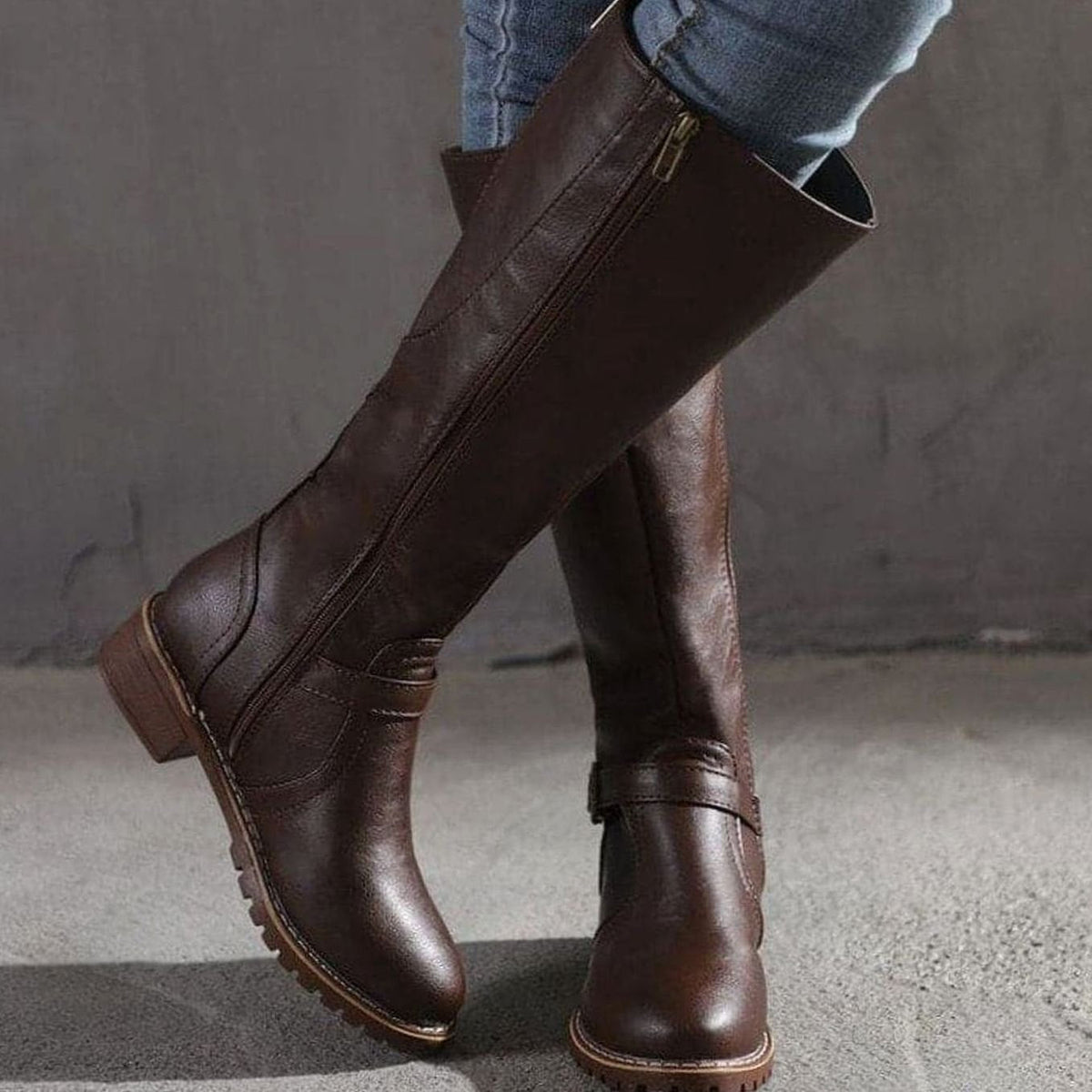Women Faux Leather Block Heel Knee High Boots Side Zip Buckle - Image 5