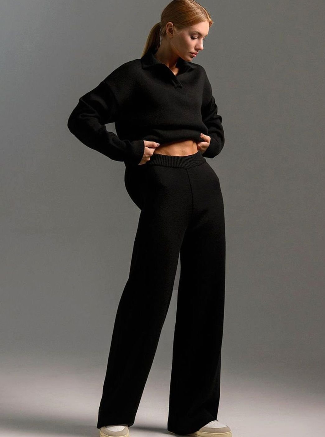 Women 2 Piece Knit Collared Wide-Leg Lounge Set - Image 4