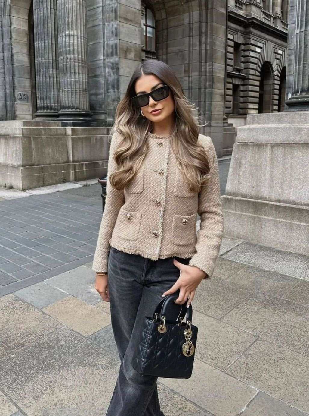 Women's Cropped Tweed Blazer Gold Button - Image 6