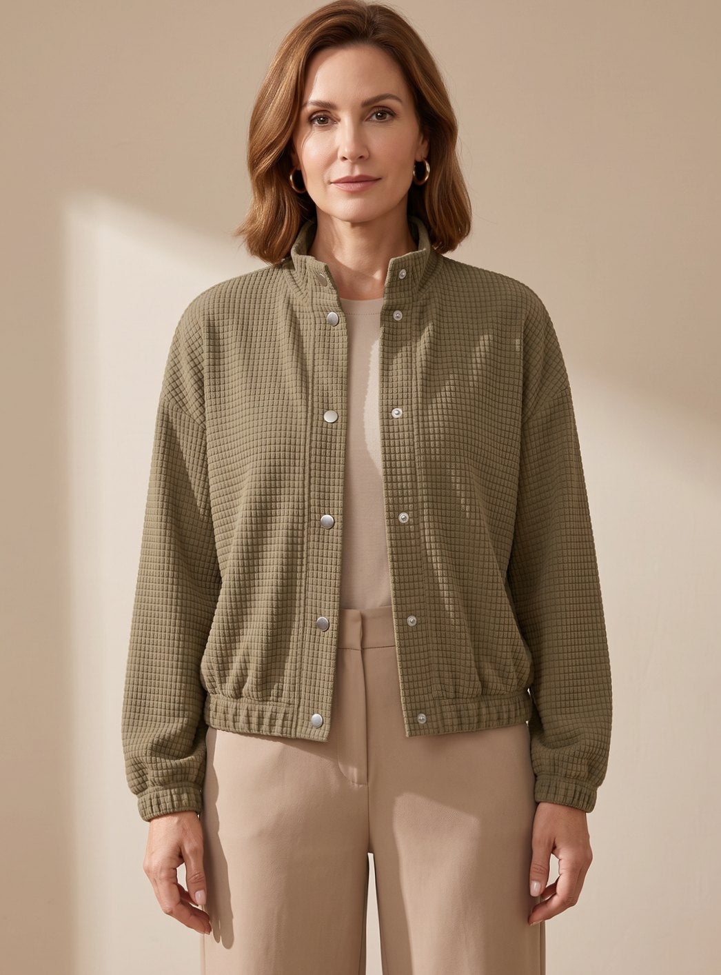 Women Waffle Knit Cropped Stand Collar Jacket