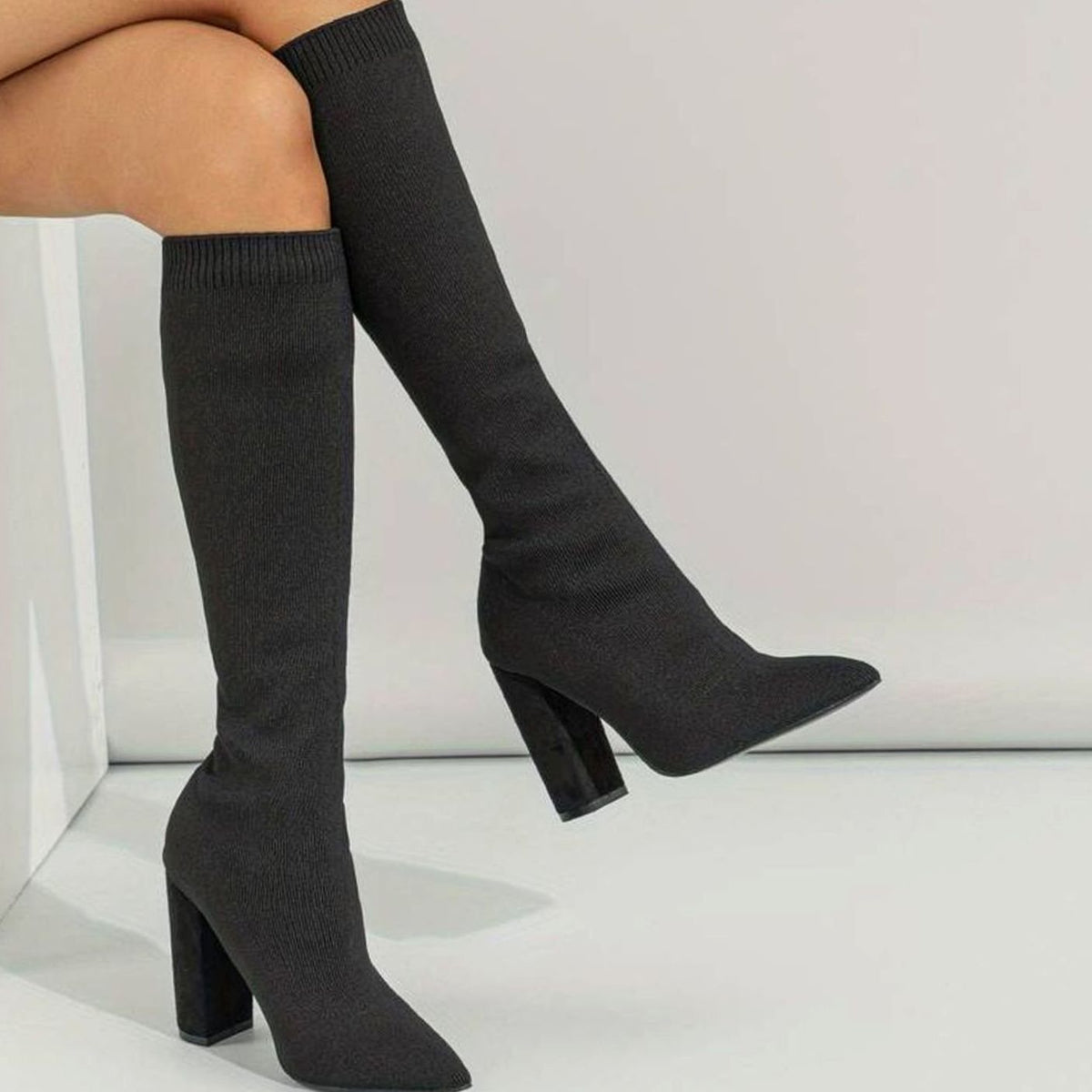 Women's Stretch Knit Knee High Sock Boots Block Heel Pointed Toe - Image 2
