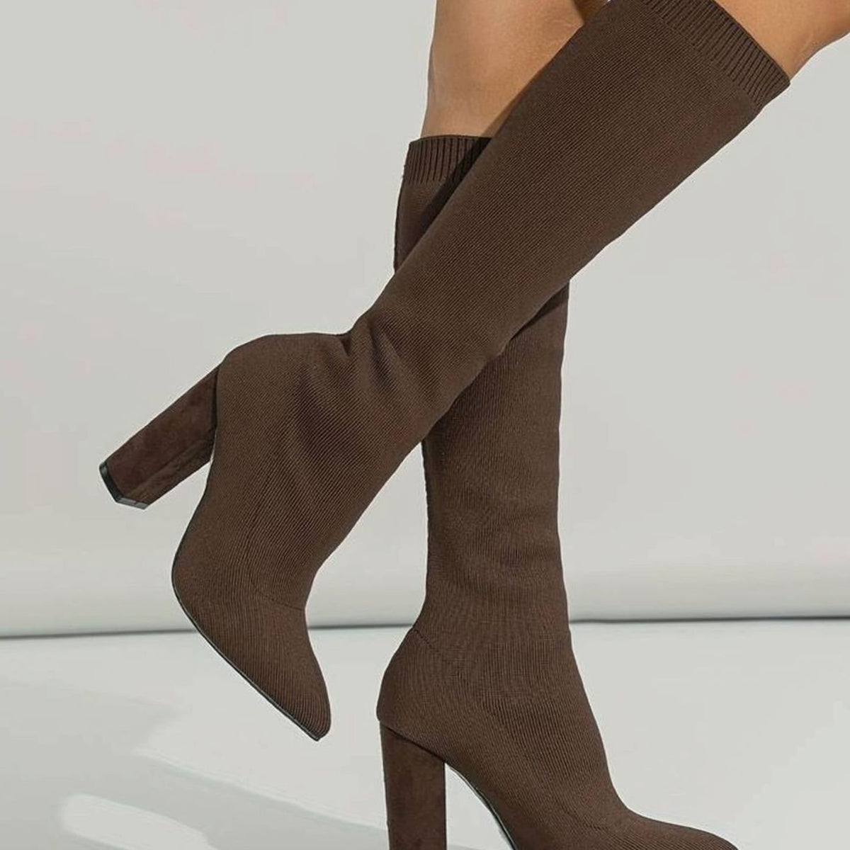 Women's Stretch Knit Knee High Sock Boots Block Heel Pointed Toe - Image 10