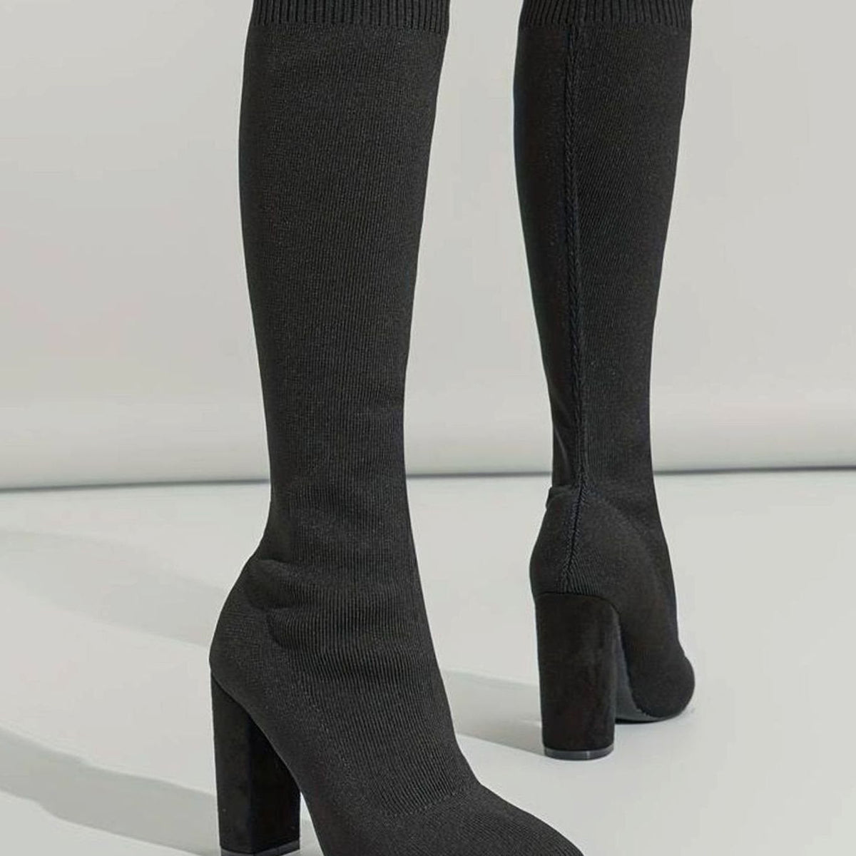 Women's Stretch Knit Knee High Sock Boots Block Heel Pointed Toe - Image 3