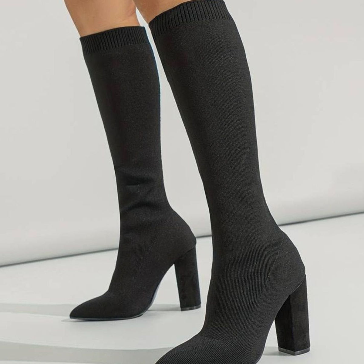 Women's Stretch Knit Knee High Sock Boots Block Heel Pointed Toe - Image 4