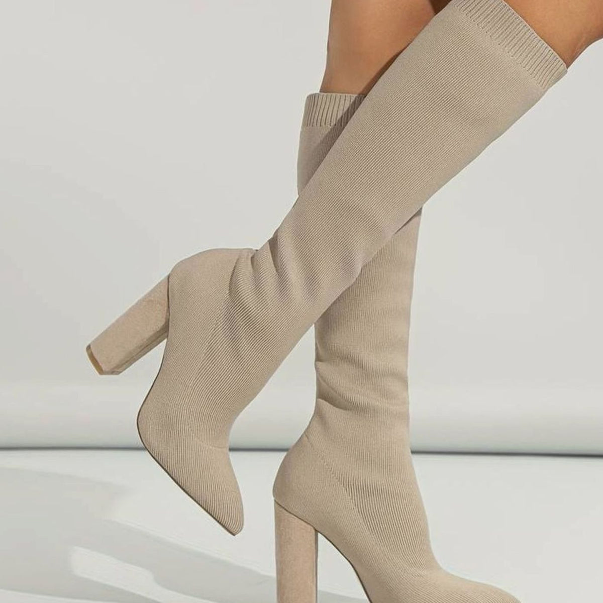 Women's Stretch Knit Knee High Sock Boots Block Heel Pointed Toe - Image 7