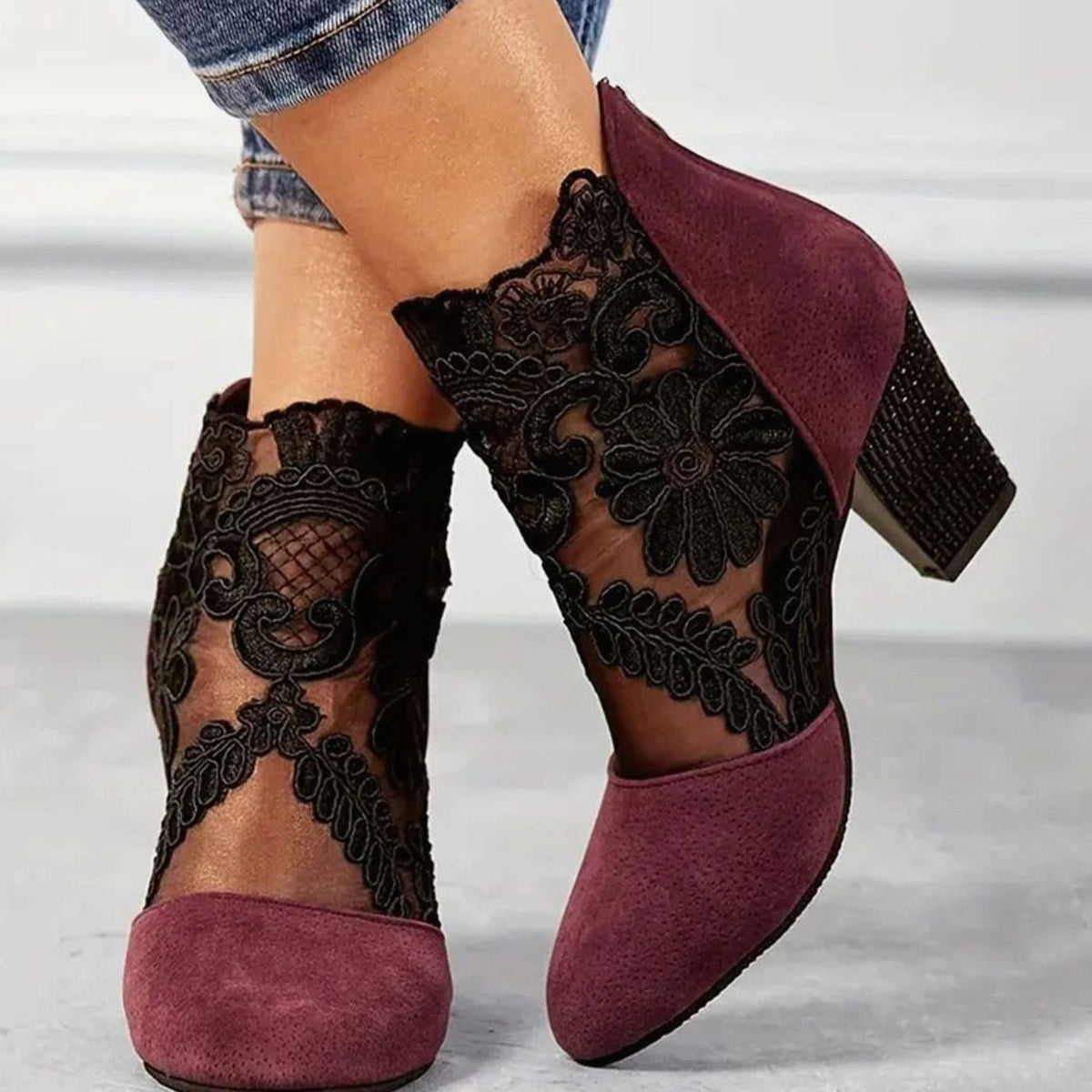 Women's Lace Embroidered Block Heel Pointed Toe Ankle Boots - Image 2