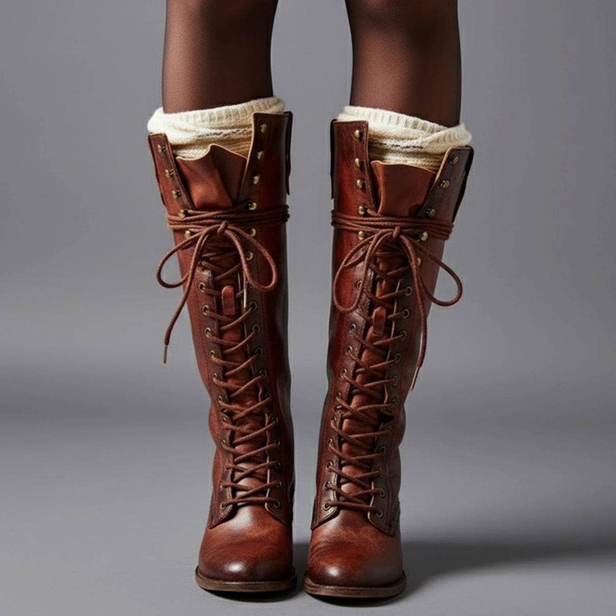 Women's Studded Lace-Up Block Heel Knee-High Boots - Image 10