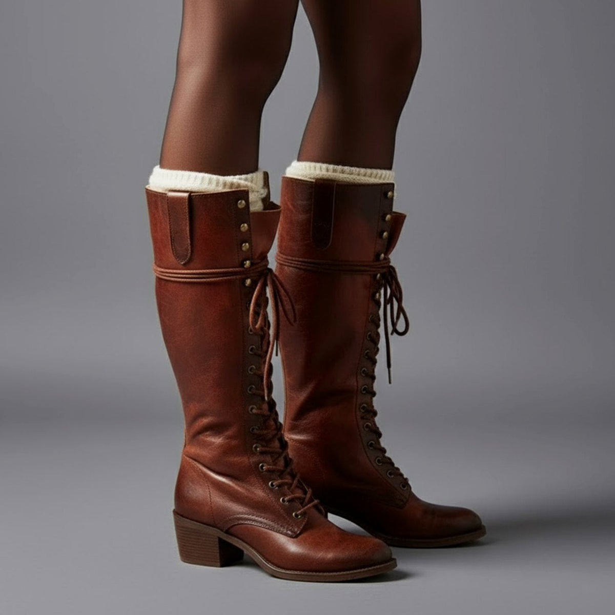 Women's Studded Lace-Up Block Heel Knee-High Boots - Image 11