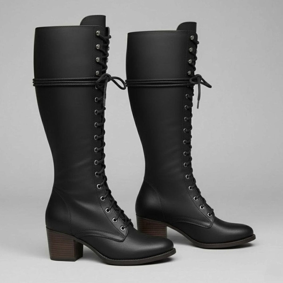 Women's Studded Lace-Up Block Heel Knee-High Boots - Image 2