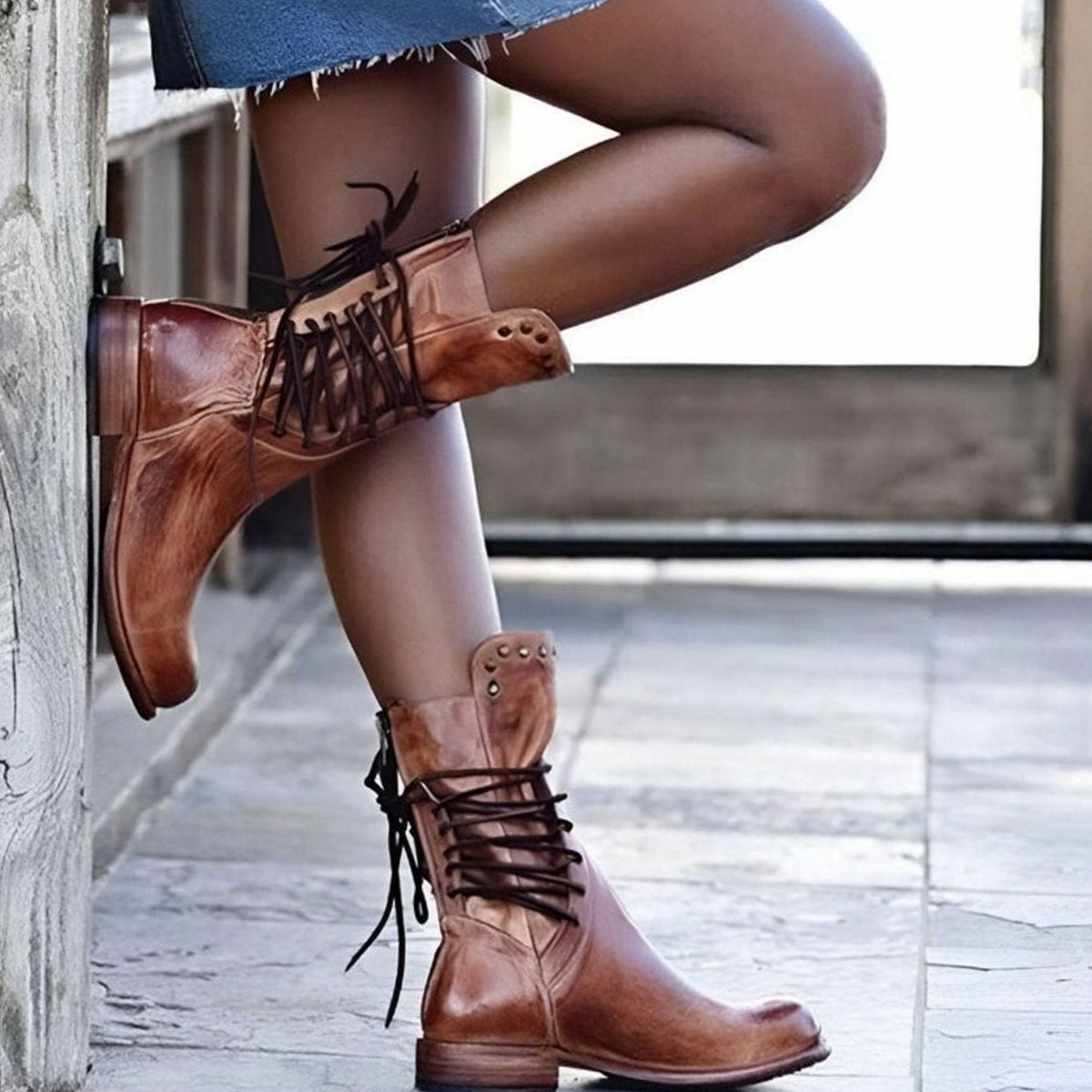 Women Faux Leather Western Ankle Boots Lace-Up Block Heel