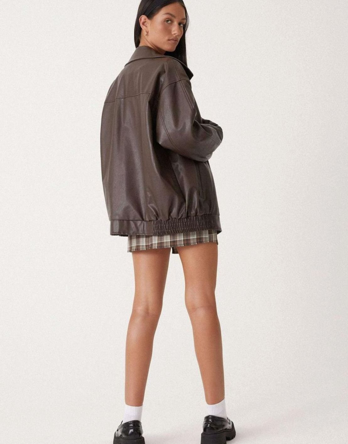 Women's Oversized Faux Leather Bomber Jacket Zip-Up - Image 4