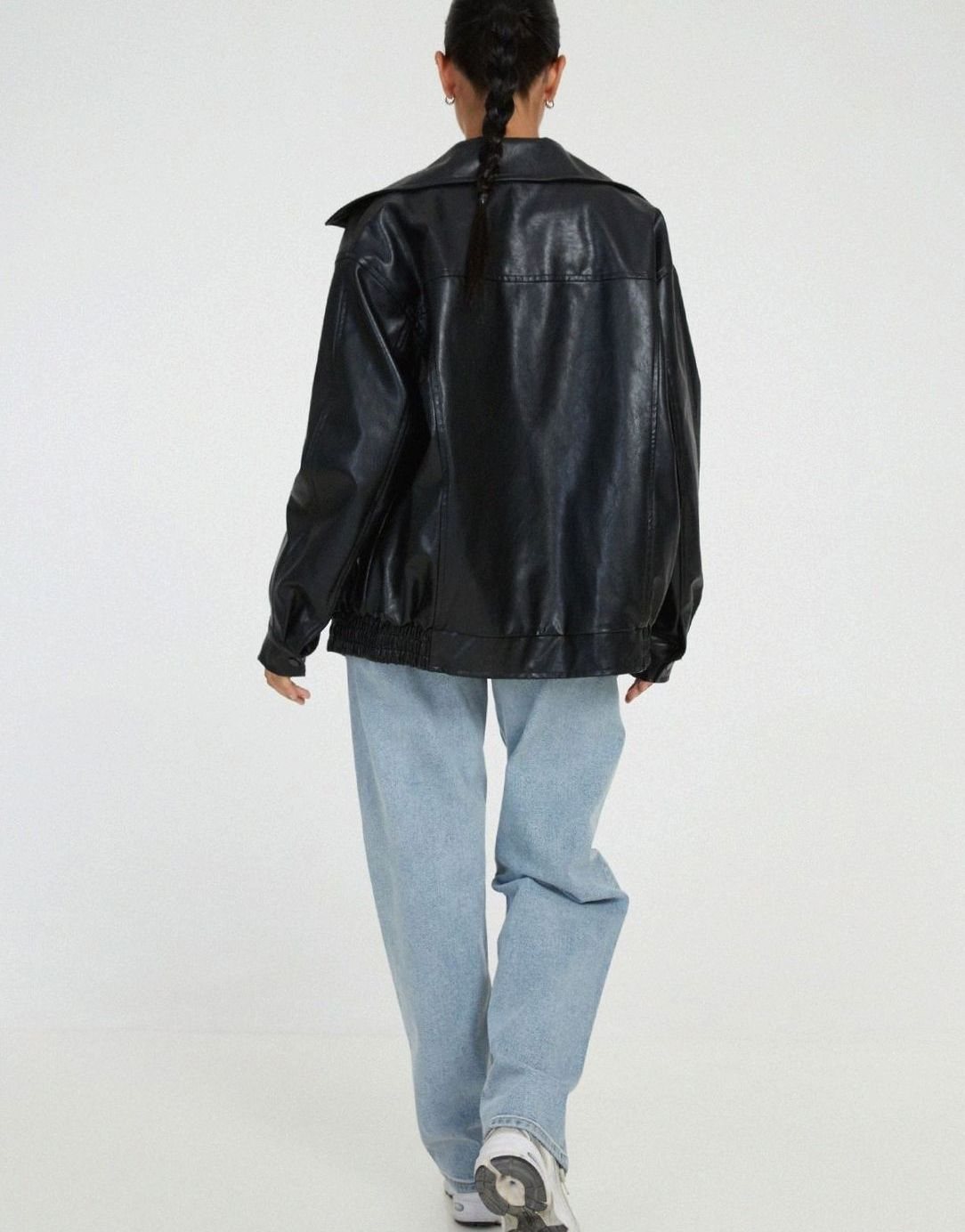 Women's Oversized Faux Leather Bomber Jacket Zip-Up - Image 6