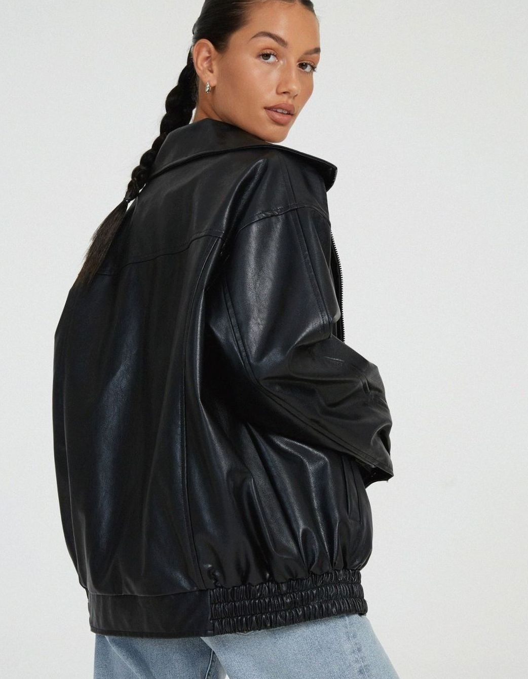 Women's Oversized Faux Leather Bomber Jacket Zip-Up - Image 8