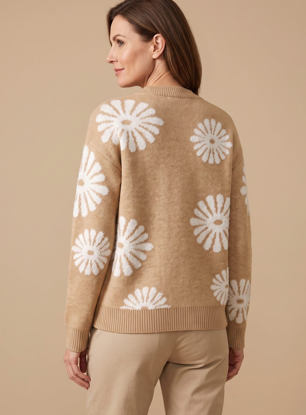 Women Floral Intarsia Knit Crewneck Sweater Relaxed Fit - Image 4