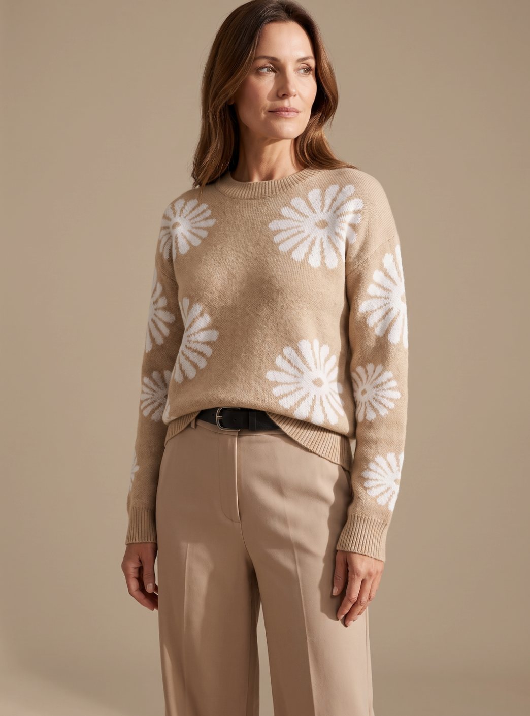 Women Floral Intarsia Knit Crewneck Sweater Relaxed Fit - Image 5