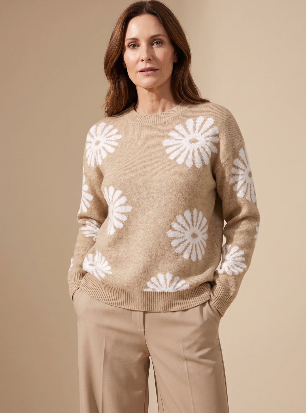 Women Floral Intarsia Knit Crewneck Sweater Relaxed Fit - Image 6