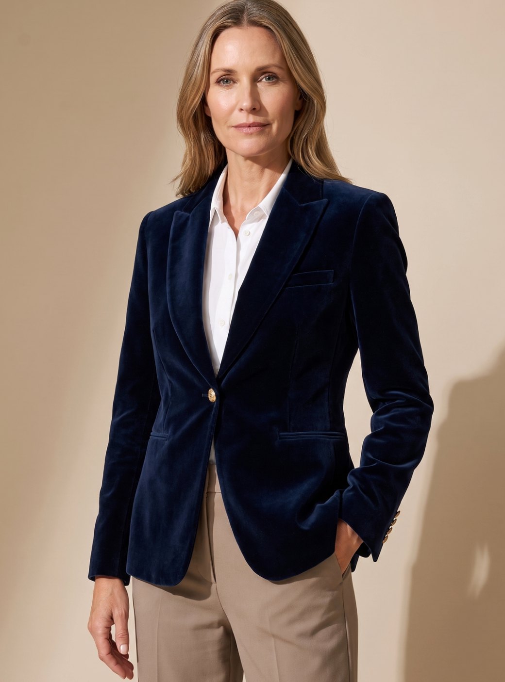 Women Velvet Gold-Button Slim Fit Blazer - Image 2