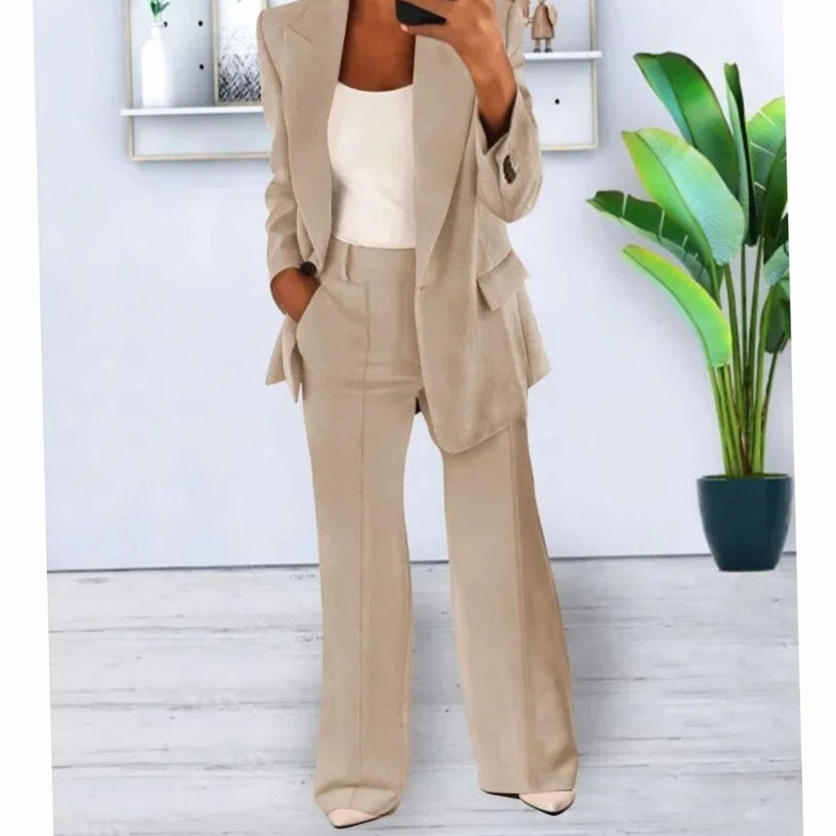 Women Tailored Two-Piece Blazer Wide-Leg Pants Suit Set
