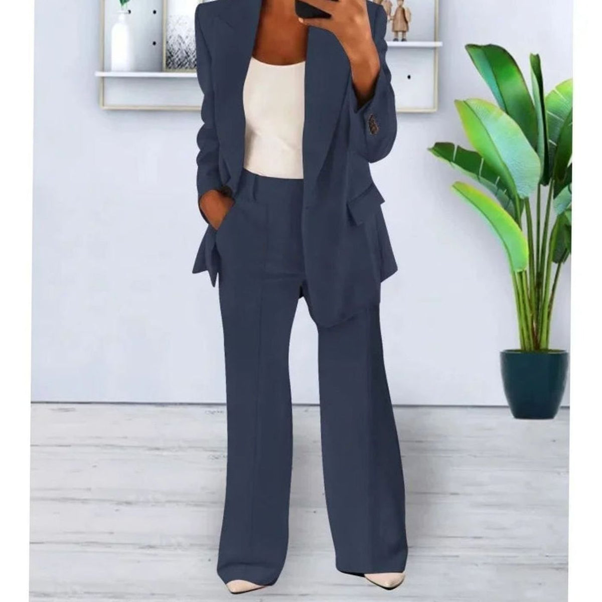 Women Tailored Two-Piece Blazer Wide-Leg Pants Suit Set - Image 2