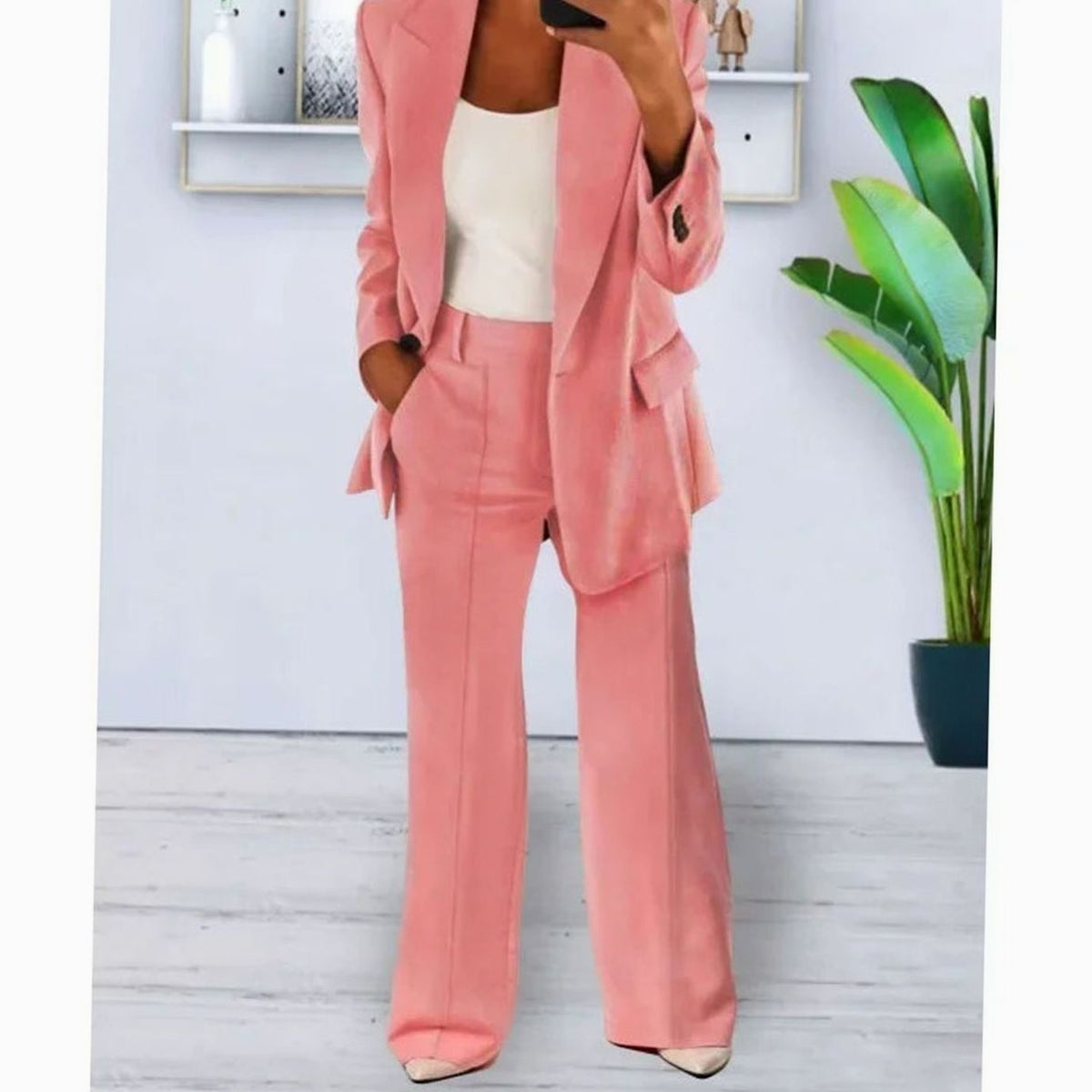 Women Tailored Two-Piece Blazer Wide-Leg Pants Suit Set - Image 7